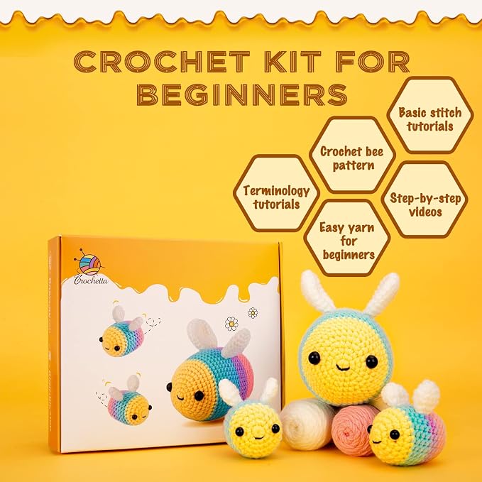 Crochetta Crochet Kit for Beginners, Beginner Crochet Starter Kit w Step-by-Step Video Tutorials, Learn to Crochet Kits for Adults Women Men, DIY Knitting Supplies (Yellow bee)