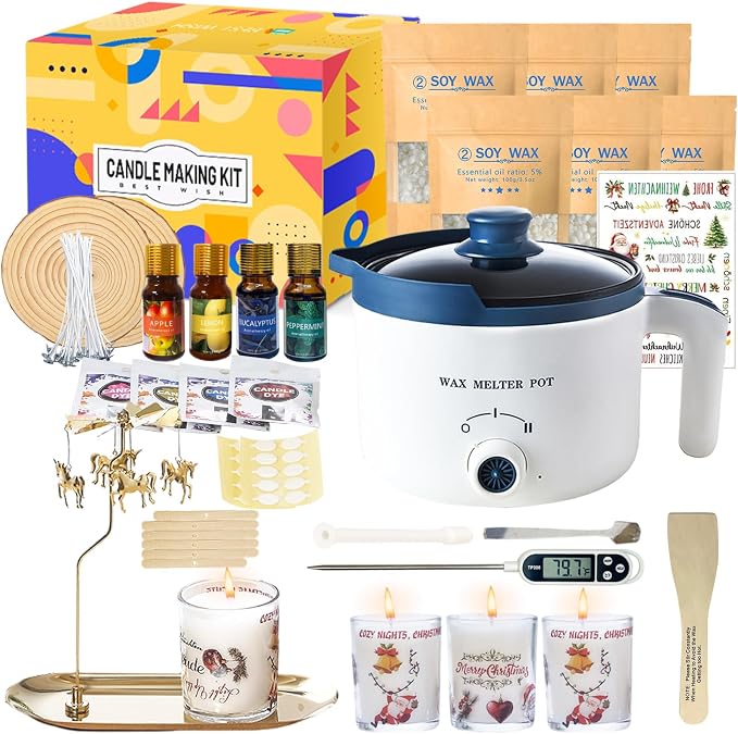 Scented Candle Making Kit with Wax Melting Pot and Candle Spinning Holder | DIY Candle Maker Set for Adult Glass Jars with Soy Wax, Essential Oil, Dyes to Make Your Own Candles