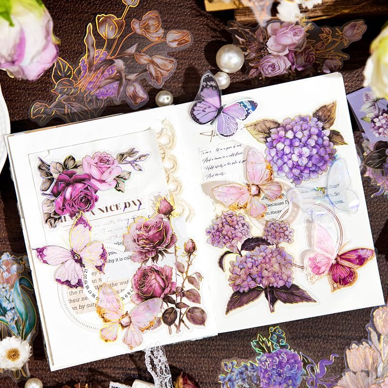 80Pcs Natural Flower Stickers for Scrapbooking,Self-Adhesive Transparent Flower Stickers Scrapbook Supplies Journaling Supplies for Adult Card Making Letters DIY Water Bottle Cards Decoration