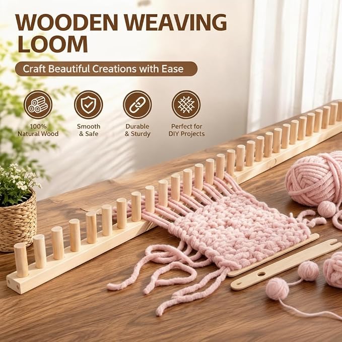 Hulvargont 46" Extra-Large Chunky Wooden Blanket Loom, Adjustable Frame Knitting Looms Kit, Chunky Knit Blanket Maker Kit for DIY Yarn Craft, Home Decor, Stress Relief, Beginner Friendly