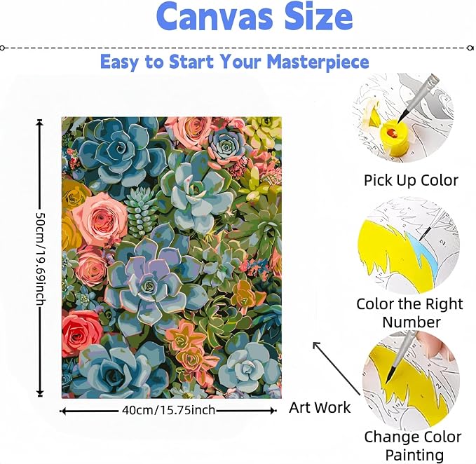 DOTSTART Paint by Numbers Kit for Adults,Colorful Succulents Plants Paint by Number for Adults,Acrylic Adults' Paint-by-Number Kits, Easy Paint by Number Adult Canvas for Home Art Decor, 16X20 inch