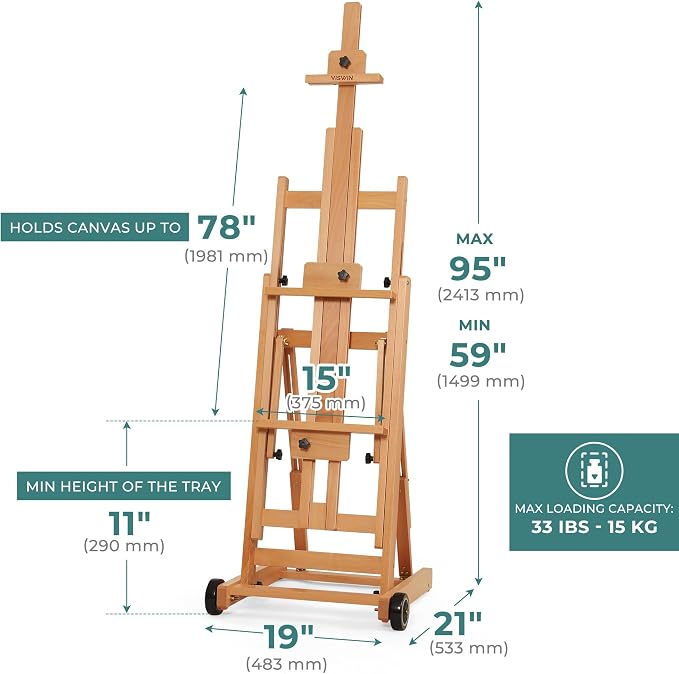 VISWIN Studio H-Frame Easel, Tilting Flat & Adjustable Beech Wood Art Easel for Painting, Movable Large Easel Stand for Adults, Artists, Hold 1 or 2 Canvas up to 78" - Natural
