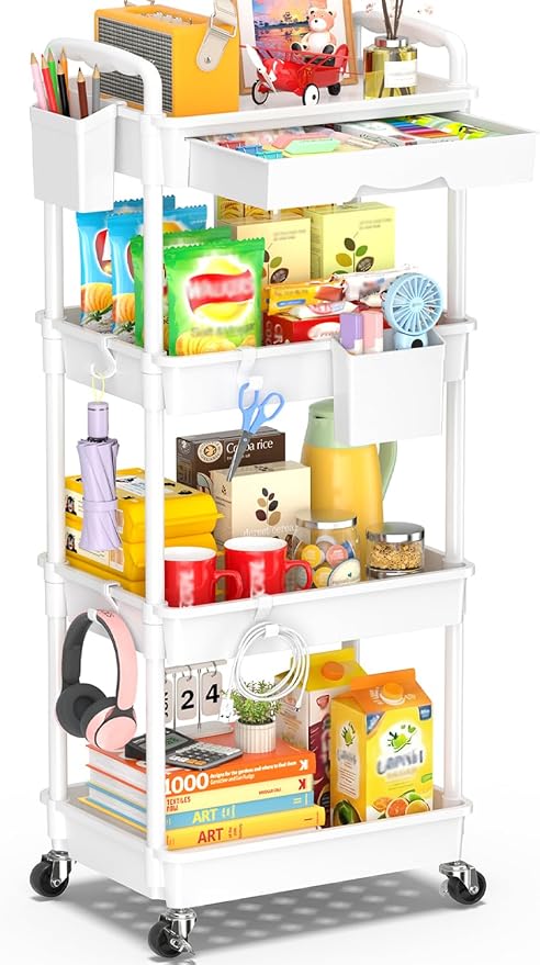 SUNALLY 4 Tier Rolling Cart with Drawer, Craft Storage Cart Organizer,White
