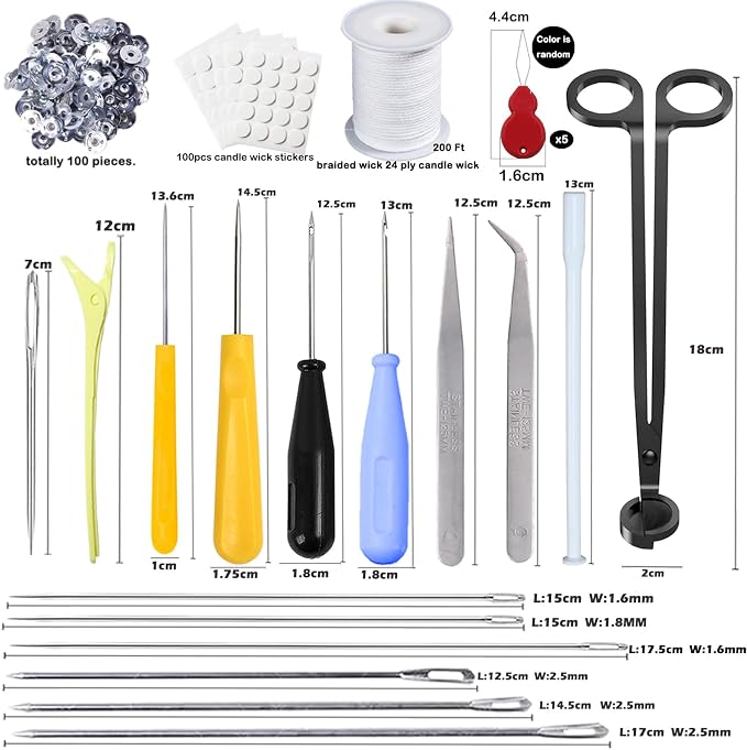 28 PCS Beginners Candle Making Kit for Adults with 200 ft Candlewick,Long Large-Eye Candle Piercing Needle and Wick Cutter 7INCH,Wick Inserting Tool Mold Punch Needle with Hook Eye for Moulds