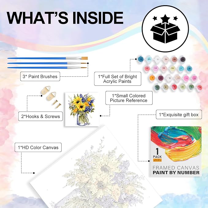 Yezavesu Flower Framed Paint by Numbers Kit for Adults Beginner & Kids Ages 8-12, Flowers Paint by Number Without Easel, DIY Adult Paint by Numbers Sunflower for Home Wall Decor Gift 10x 10 inch | With Frame Canvas 10x10 IN, Without Easel, DIY Acrylic ...
