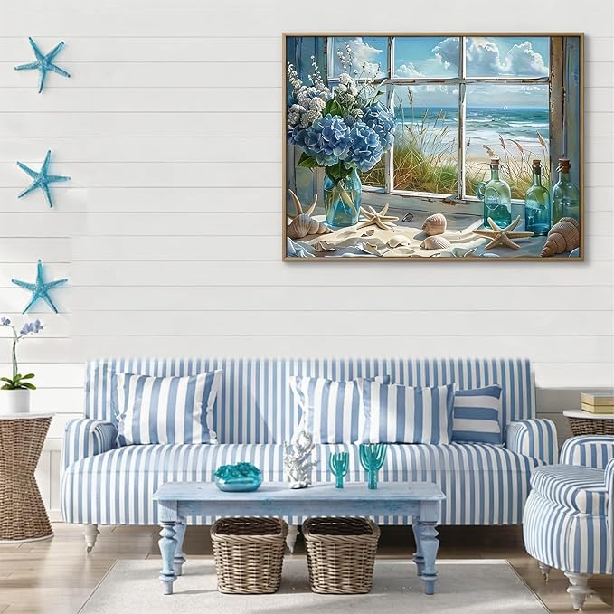 CHWGLFGG 5D Beach Window Diamond Art Kits for Adults Beginners 12x16in | Blue Hydrangea Flower Diamond Painting Kit DIY Full Round Drill Paint by Diamonds Dot Gem Art for Adult, Home Wall Decor