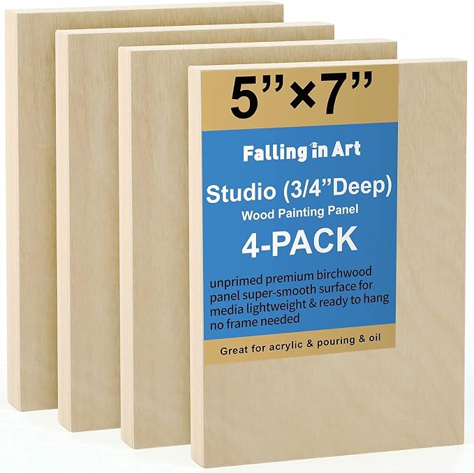 Falling in Art 4 Pack 5x7’’ Unfinished Birch Wood Panels Kit for Painting | Studio 3/4’’ Deep Wooden Canvas, Cradle Boards for Acrylic Pouring, Art, Crafts, Epoxy Resin, Laser Engraving Cutting