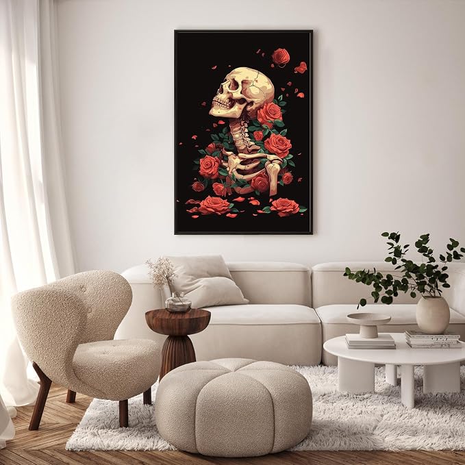 Framed Paint by Numbers Kit for Adults, Skeleton & Red Roses, 8 x 12 Inch | DIY Adult Paint by Number Kit for Beginners, Gothic Wall Decor, Stress Relief Craft Gift, Creative Hobby