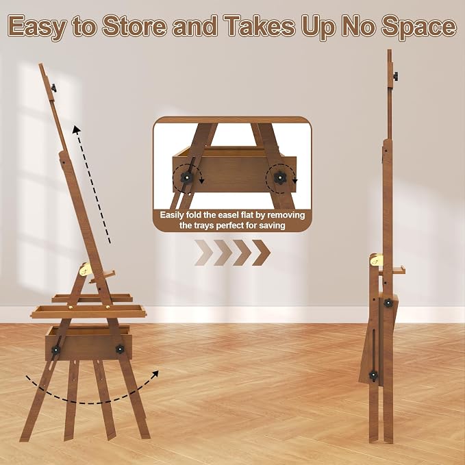Professional Vintage Wood H-Frame Easel, with 2 Palette and Storage Box | Multi-Function Studio Easel, Professional Foldable Artist Easel Stand for Painting, Holds Canvas Art up to 36"