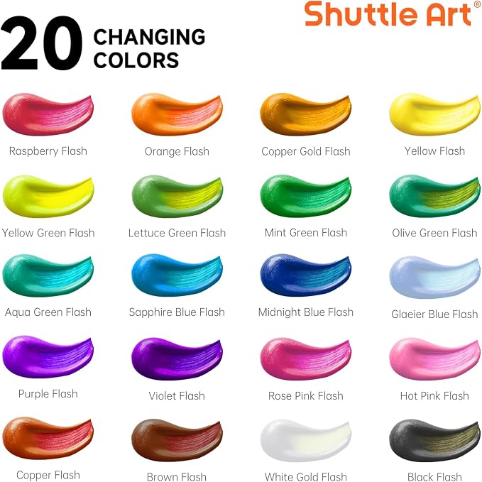 Shuttle Art Color Change Acrylic Paint, 20 Chameleon Colors Acrylic Paint, 60ml/2oz Bottles, Iridescent Colors for Artists, Beginners, Kids Painting & Crafting on Canvas, Rocks, Wood, Fabric, Ceramic