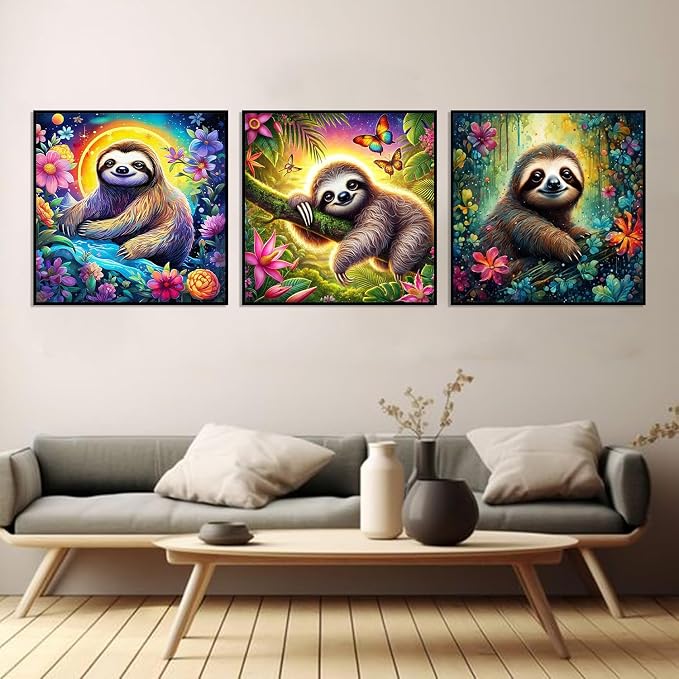 3 Pack Sloth Paint by Numbers Kit for Adults Framed Canvas, Frameworkless | Easy Adult Paint by Number Kits on Canvas DIY 3 Pack Sloth Painting for Beginners Art by Numbers for Home Wall Decor Gift