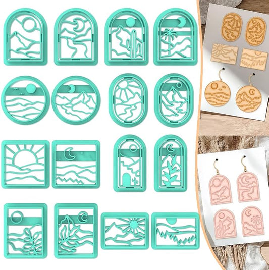 ACRNIGHEET Boho Clay Cutters - 16 Shapes Sun and Moon, Landscape Polymer Clay Cutters for Jewelry, Earring Making Kit With Storage Box