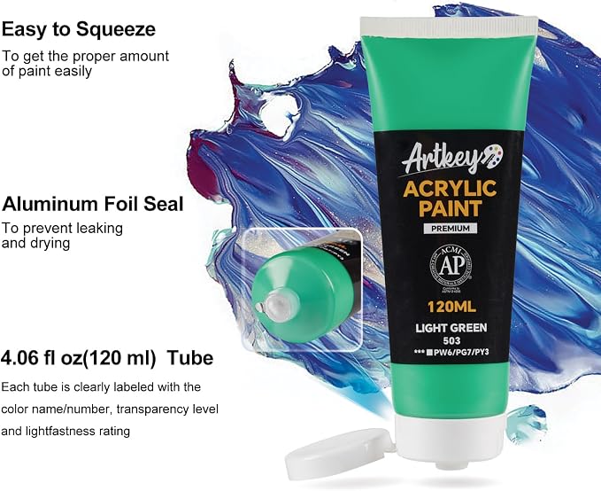 Artkey Acrylic Paint - Light Green (120 ml/4.06 oz) Tubes, Rich & Vibrant Pigments, Professional Artists Acrylic Paints - Art Supplies for Canvas Wood Rock Clay Fabric Ceramics Art Crafts Painting