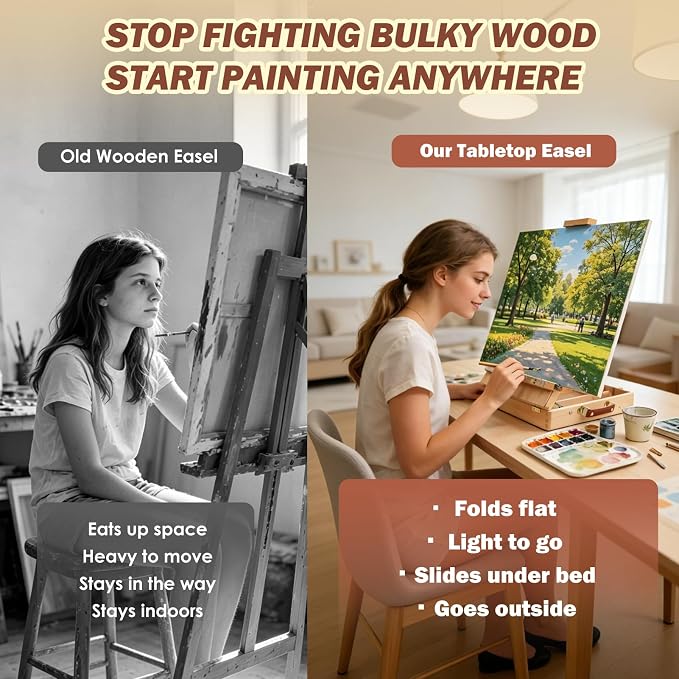 Tabletop Easel for Painting, Adjustable Beechwood Sketchbox, Portable | Features detachable shoulder strap for travel, Large storage box with adjustable angles for adults, artists & beginners