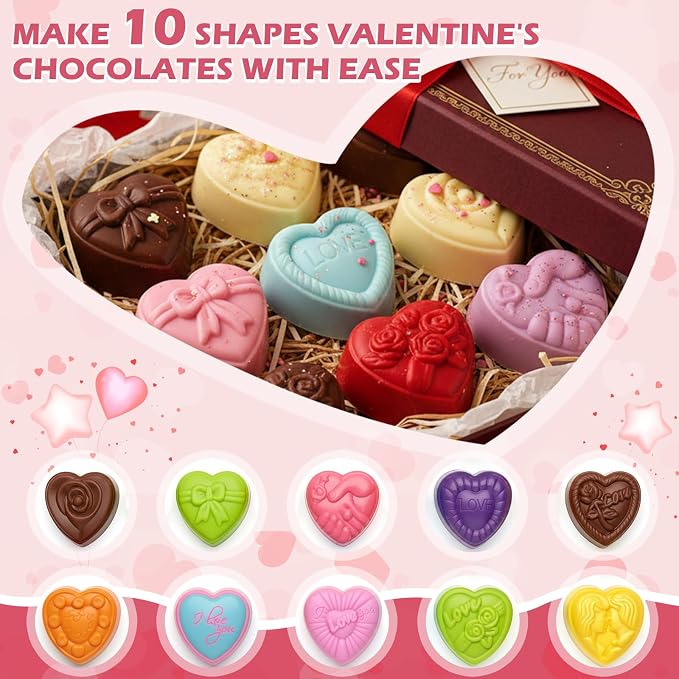 HKNMTT Heart Molds Silicone Valentine's Day Chocolate, Small 10 Love Conversation Shapes Truffle Gifts Bite Size 3D Rose Candy Mould Gummy Jello Gelatin Cute Wax Melt Ice Cube Handmade Soap DIY Making