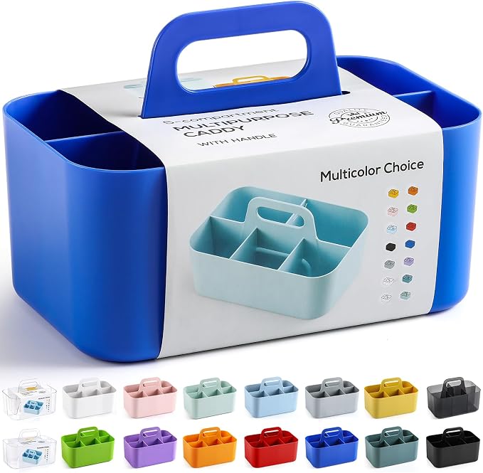 Multiuse Caddy Organizer with Handle, Portable Plastic Tote Bin - Art Craft, Stationary Pen Marker Crayons, Makeup Hair Supplies Storage - Bathroom, Classroom, Dorm, Office, Desk Holder - Dark Blue
