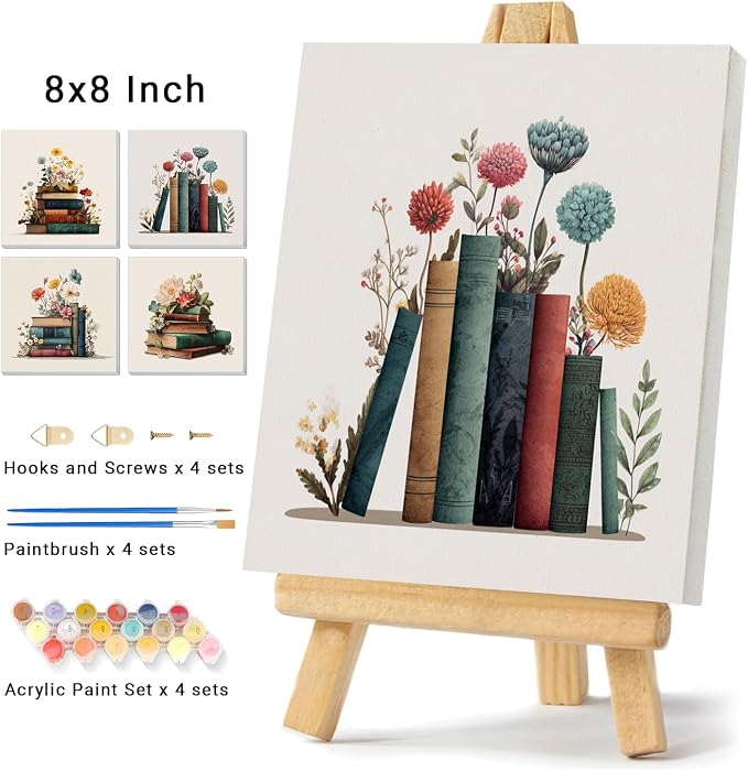 4 Pack Framed Paint by Numbers Kit for Adults Beginner Book Adult Paint by Number Kits on Canvas Flower Painting by Numbers for Adults with Frame Floral DIY Painting Kits for Home Wall Art 8x8 Inch