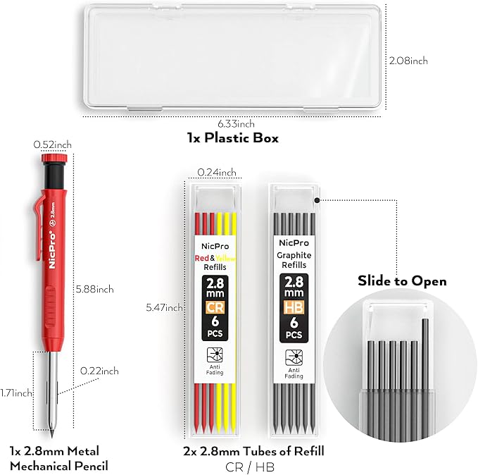 Nicpro 1 Pack Carpenter Pencil with Sharpener, 2.8 mm Construction Pencil