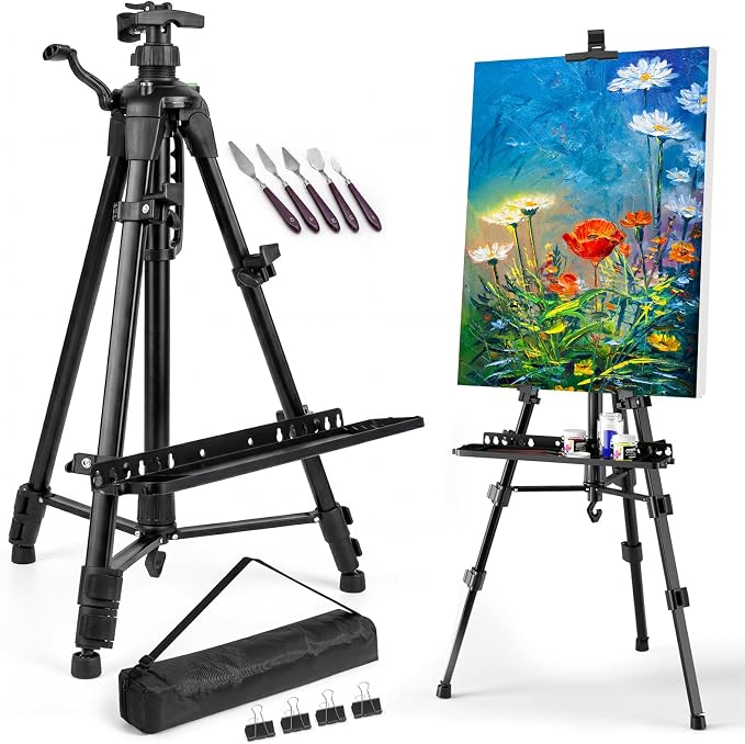 Adjustable Artist Easel - 19.69" to 61.8", Portable Folding Tabletop or Floor Easel with Brush Tray, Carry Bag, 4 Clips, 5 Palette Knives for Painting, Display, and Art Exhibitions (Black)
