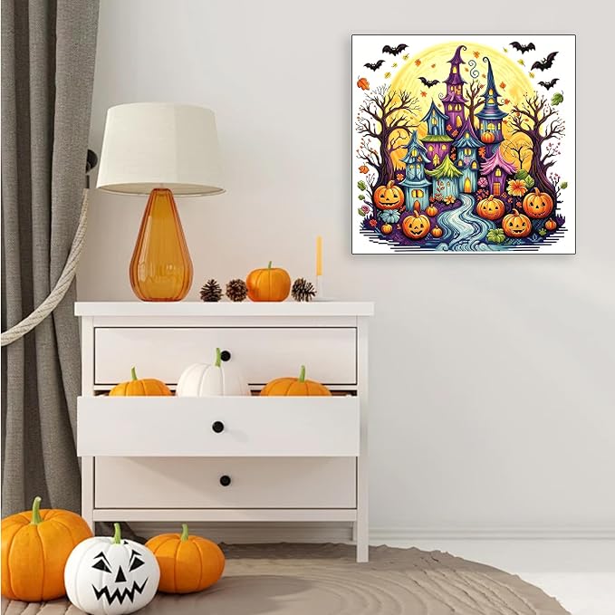 AIBOERL Diamond Art Kits for Adults，Halloween Diamond Painting Wall Decor | Round Drill Spooky Village Diamond Painting for Beginners DIY Rhinestone 5D Diamond dots(Gemstone Craft)Wall Art Gift 12x16IN