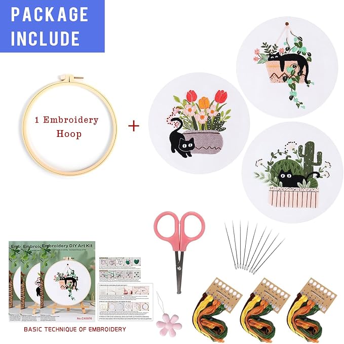LB Cat Embroidery Kit for Beginners Adults, 3 Sets Hand Embroidery Starter Kit with Cactus Floral Pattern and Instructions Stamped Cross Stitch Kits Include Embroidery Hoop Needles Threads Scissors
