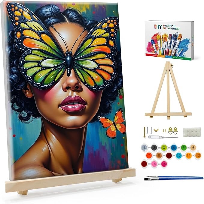 SparkGlow Butterfly Woman Framed Paint by Numbers Kit for Adults | 8×12 Inch Painting by Numbers | Include Easel | Premium Materials | Relax and Fun | Number Painting for Gifts | Home Decor