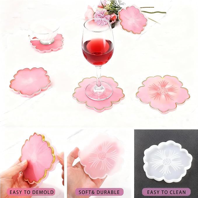Resin Coaster Molds,Silicone Molds for Resin,12PCS with Round,Square,Octagon, Flower Coaster Molds for Epoxy Resi n,4 Shapes Silicone Molds for DIY Art,DIY Gift for Women