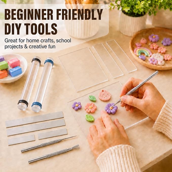 DIYOOHOMY 16pcs Polymer Clay Tools kit, Rolling Pin with Thickness Rings | Air Dry Clay Sculpting Supplies, Small Clear Craft Acrylic Roller, Tissue Blades Cutters Knife, Press Board, Texture Needle