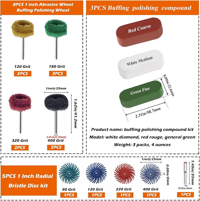 185Pcs Polishing Buffing Wheel Kit, Felt Wool Pad Set, Rotary Accessories with Sanding Drum, Polishing Compound, Grinding Head, 1/8" Shank for Jewelry Metal Polishing, Compatible with Dremel