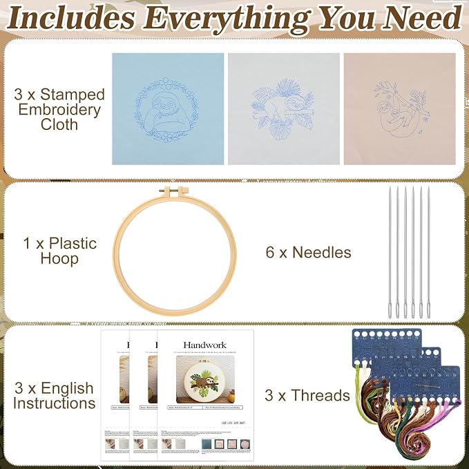 Mindsoft 3 Set Needlepoint Kit for Beginners with Hoop,Sloth | Bamboo Hoop Thread Needles Instructions, Easy Hand Embroidery for Beginners Home Crafts,Pre-stamped Funny Cute Designs