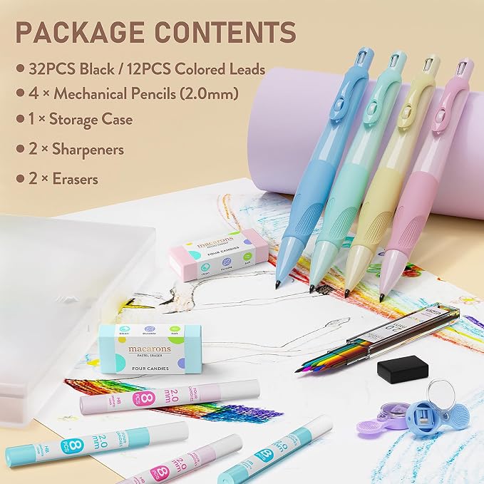 Four Candies 4PCS 2mm Mechanical Pencils for Kids, Comfort Ergonomic Grip