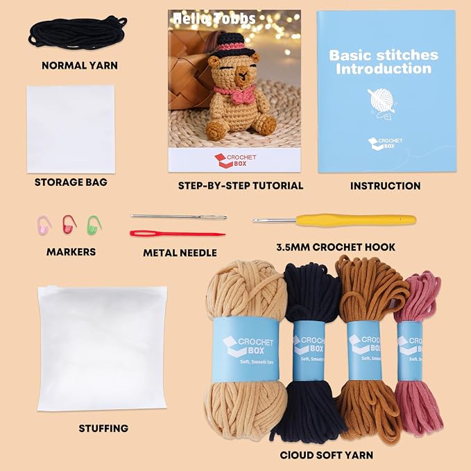 CrochetBox Crochet Kit for Beginners Adults - Capybara Starters Crochet Kit, Beginners Crocheting Kitting for Adults Teen, Craft Gifts with Crochets Yarns, Hook, Step-by-Step Video, Instruction