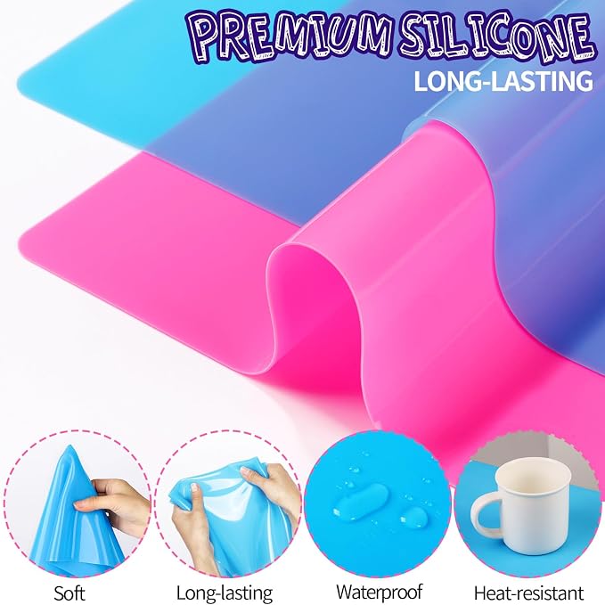 LEOBRO Silicone Mat for Resin Molds, 2 PCS 15.7" x 11.7" Playdough Mat, Silicone Mats for Crafts, Jewelry Resin Molds Mats, for Clay, Paint, Blue & Rose Red