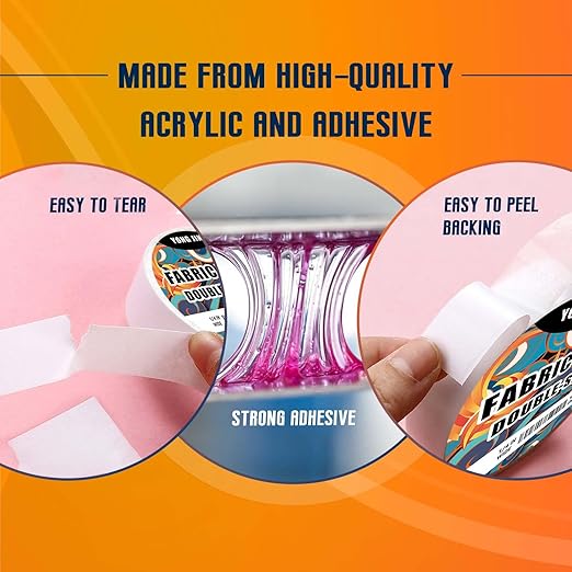 YONGJIN Double-Sided Fabric Tape (2 Rolls) - No Sewing or Ironing Required, Perfect for Quick Clothing Repairs, Fabric Bonding, Adhesive Cloth Tape for Hemming and DIY Crafts (1/4inch+1/2inch)