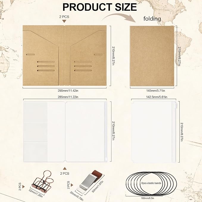 2PACK A5 Size Travelers Journal Notebook Accessories Inserts Kit | Kraft File Folders, PVC Zipper Pouches, Pen Holders, Binder Clips, Elastic Bands for Travel Journal Organizer