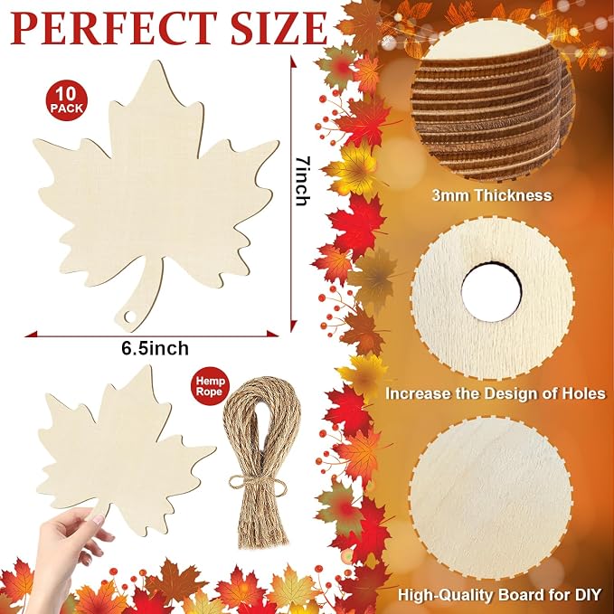 Large Size 7inch Wooden Fall Ornaments to Paint Halloween Thanksgiving Thanksgiving, Maple Leaf Cutouts Unfinished DIY Blank Unfinished Wood Discs Ornament for Crafts Hanging Autumn Decorations 10PCS