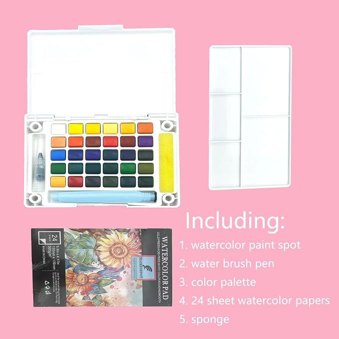 Portable Watercolor Paint Set - 30 Colors Travel Watercolor Kit with Water Brush, 24 Sheets Watercolor Paper, Online Tutorial - Compact Graspable Watercolor Painting Set for Beginners, Artists, Hobbyists, Outdoor Painting