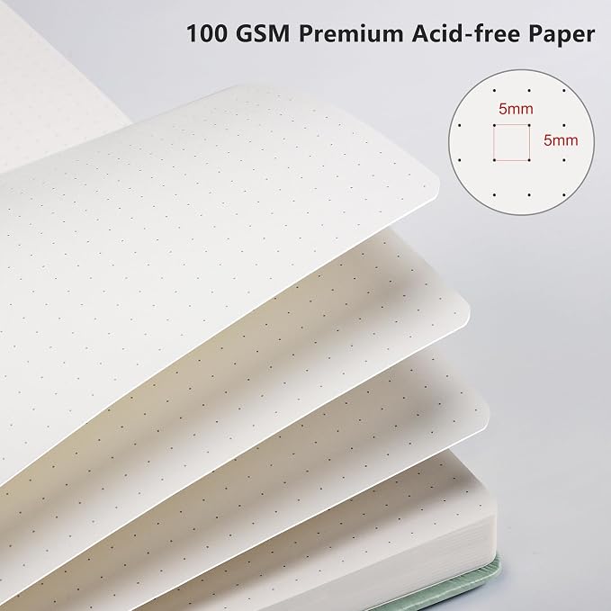 RETTACY Dotted Journal Notebook, 192 Pages, A5 Medium Size (5.7'' x 8.3'') | Leather Hardcover, 100 GSM Thick Paper, for Journaling, Planning, Tracking (Sage Green)