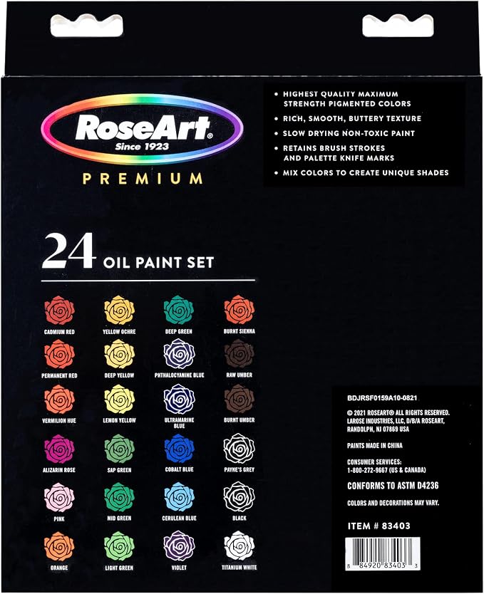RoseArt Premium Oil Paint - Set 24 Colors, Maximum Strength Pigmented Oil Paints for Casual to Professional Artists, multi