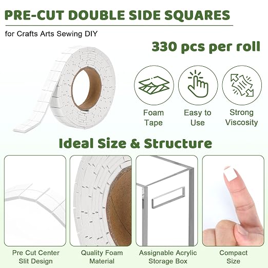 330 PCS Double Sided Foam Tape Pre Cut 1/2 X 2/5 Inch Small Adhesive Foam Squares for Crafts Thin Foam Craft Tape Split for Arts Crafts Sewing Scrapbook DIY Christmas (Tape, White)