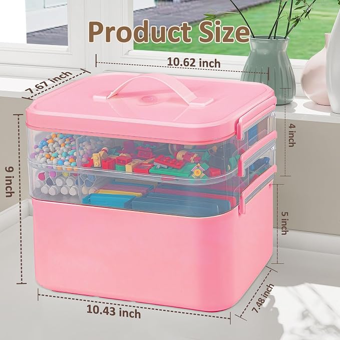 Gifhomfix 3-Layer Plastic Craft Organizers and Storage Box with Removable Trays, Storage Containers with lids and Handle, Art Supply Storage Organizer for Bead, Ornament, Nail Polish, Tape（Pink）