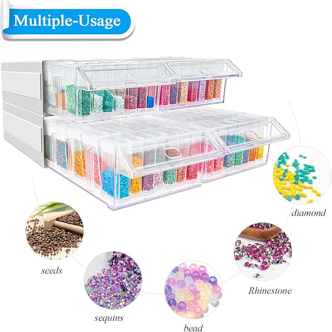 ARTDOT Diamond Painting Storage, 4 Pack Stackable Bead Organizer 140 Slots Individual Containers with Diamond Art Accessories and Tools for Beads Nail Pill Rhinestones Seed