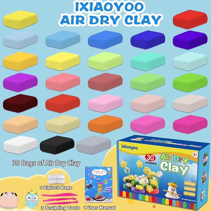 Ixiaoyoo Air Dry Clay, 30 Colors Foam Modeling Clay for School Projects