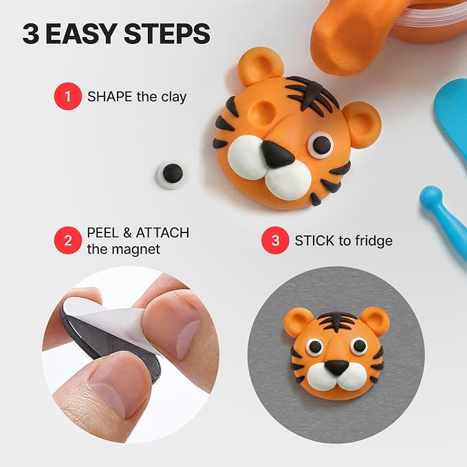 Air Dry Clay Magnet Making Kit for Kids, 18 Colors DIY Fridge Magnets | 18 colors, 8 self-adhesive magnets, 3 sculpting tools, shaker domes, no baking, no extra glue, visual guide, ages 6+