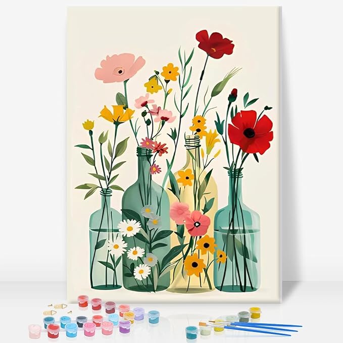 Framed Paint by Numbers Kit for Adults, Easy Wildflowers, 8 x 12 Inch | DIY Adult Paint by Number Kit for Beginners, Floral Wall Decor, Stress Relief Craft Gift, Creative Hobby