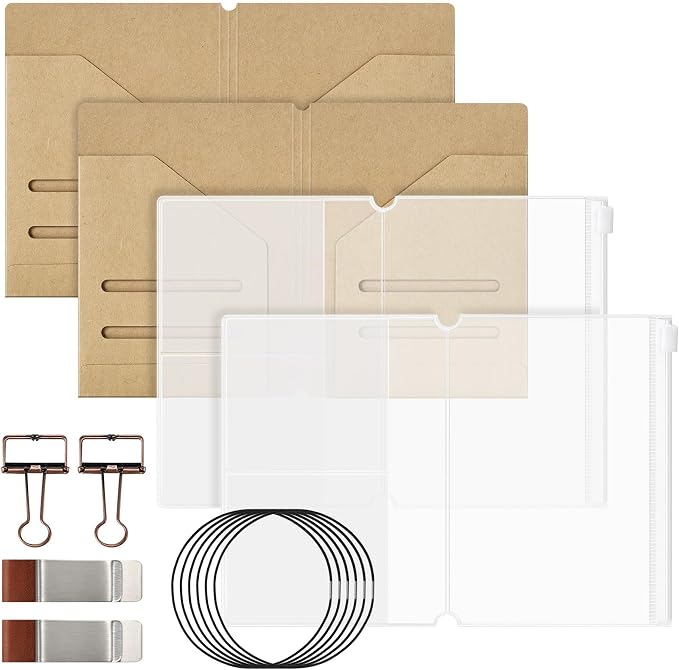 2PACK Passport Travelers Journal Notebook Accessories Inserts Kit | Kraft File Folders, PVC Zipper Pouches, Pen Holders, Binder Clips, Elastic Bands for Travel Journal Organizer