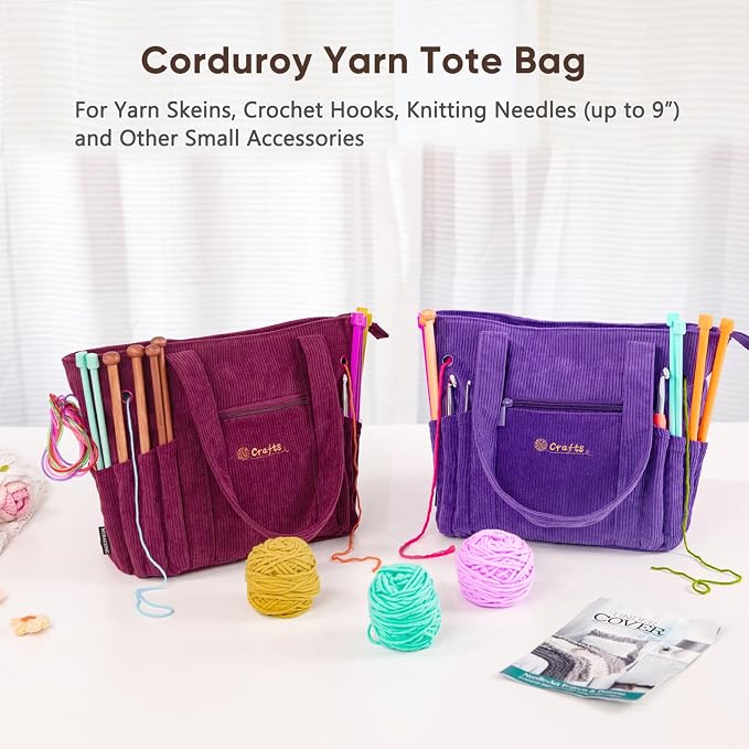 MYBAGZING Crochet Bag and Tote - Corduroy Yarn Bag - Yarn Holder for Crocheting - Crochet Storage Bag for Crochet Hooks, Crochet Accessories, Knitting Bag for Crochet Lovers, Mother's Day Gift