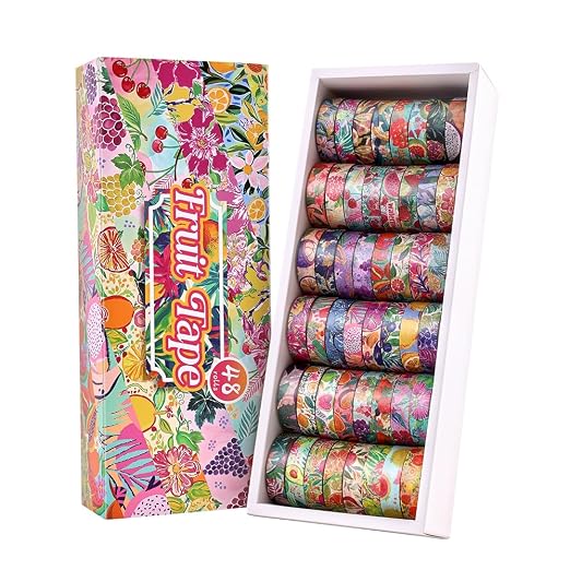 icceemee 48 Rolls Fruit Theme Washi Tape Set, Writable Decorative Tapes for Scrapbooking, Junk Journal Supplies, Bullet Journaling, 0.39"x79" per Roll