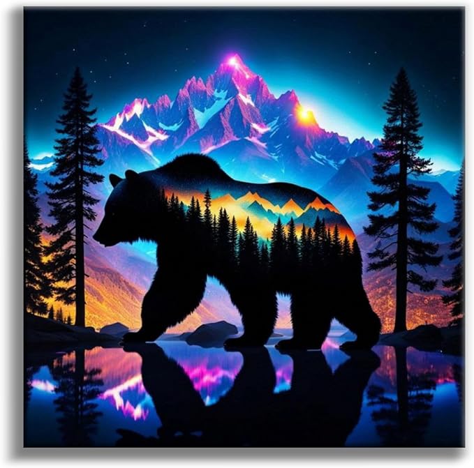 Diamond Art Kits for Adults, Bear DIY 5D Diamond Painting for Beginners | 14x14 Inch, Full Drill Round Dots, Forest Mountains Gem Art Craft Kits, Home Wall Decor, Stress Relief Relaxing Hobby Gift