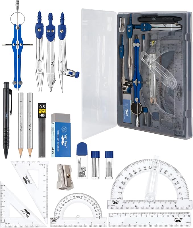 Mr. Pen- Geometry Set, 15 pcs, Navy Blue, 6 Inch Swing Arm Protractor | Divider, Set Squares, Ruler, Compasses and Protractor